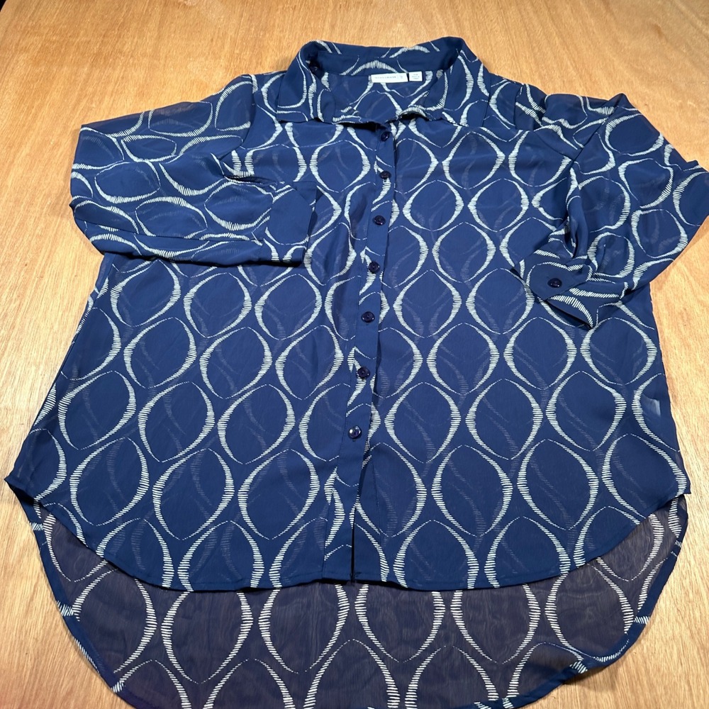 Susan Graver Button Down Top Womens 18W Navy Blue Sheer Geometric A261266 Blouse